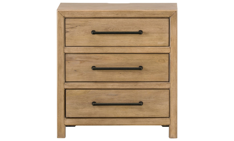 Wooden nightstand with three drawers and black handles on a white background